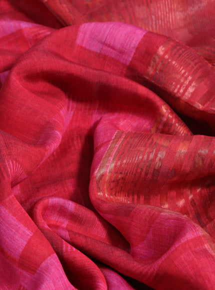 Muslin silk saree red and pink with allover stripes pattern and rettapet zari woven kalamkari printed border