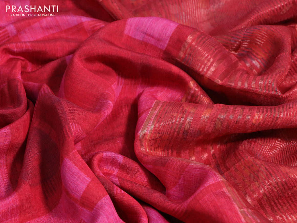 Muslin silk saree red and pink with allover stripes pattern and rettapet zari woven kalamkari printed border