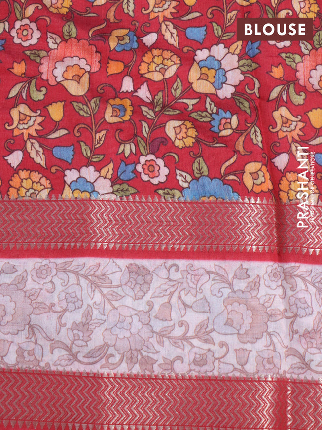 Muslin silk saree red and pink with allover stripes pattern and rettapet zari woven kalamkari printed border