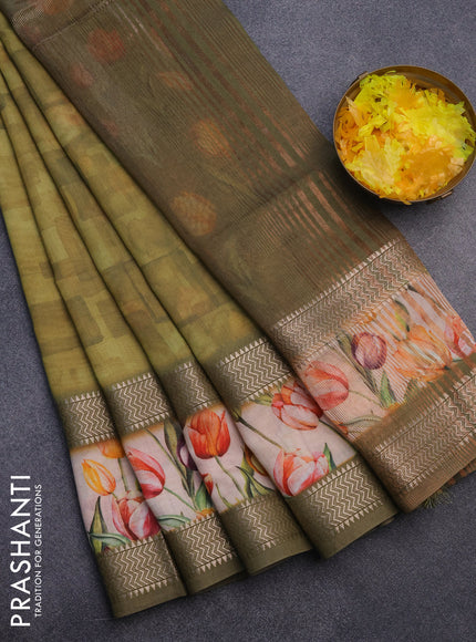 Muslin silk saree mehendi green and cream with allover prints and rettapet zari woven floral printed border