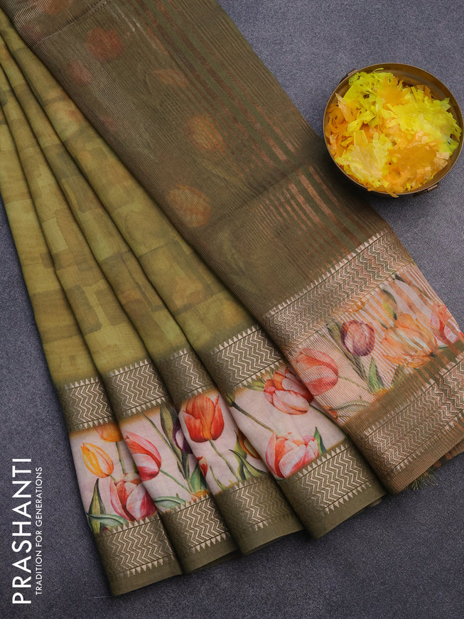 Muslin silk saree mehendi green and cream with allover prints and rettapet zari woven floral printed border