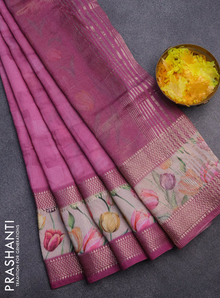 Muslin silk saree magenta pink and cream with allover prints and rettapet zari woven floral printed border