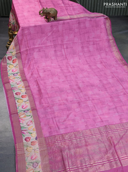 Muslin silk saree magenta pink and cream with allover prints and rettapet zari woven floral printed border