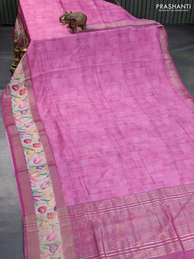 Muslin silk saree magenta pink and cream with allover prints and rettapet zari woven floral printed border