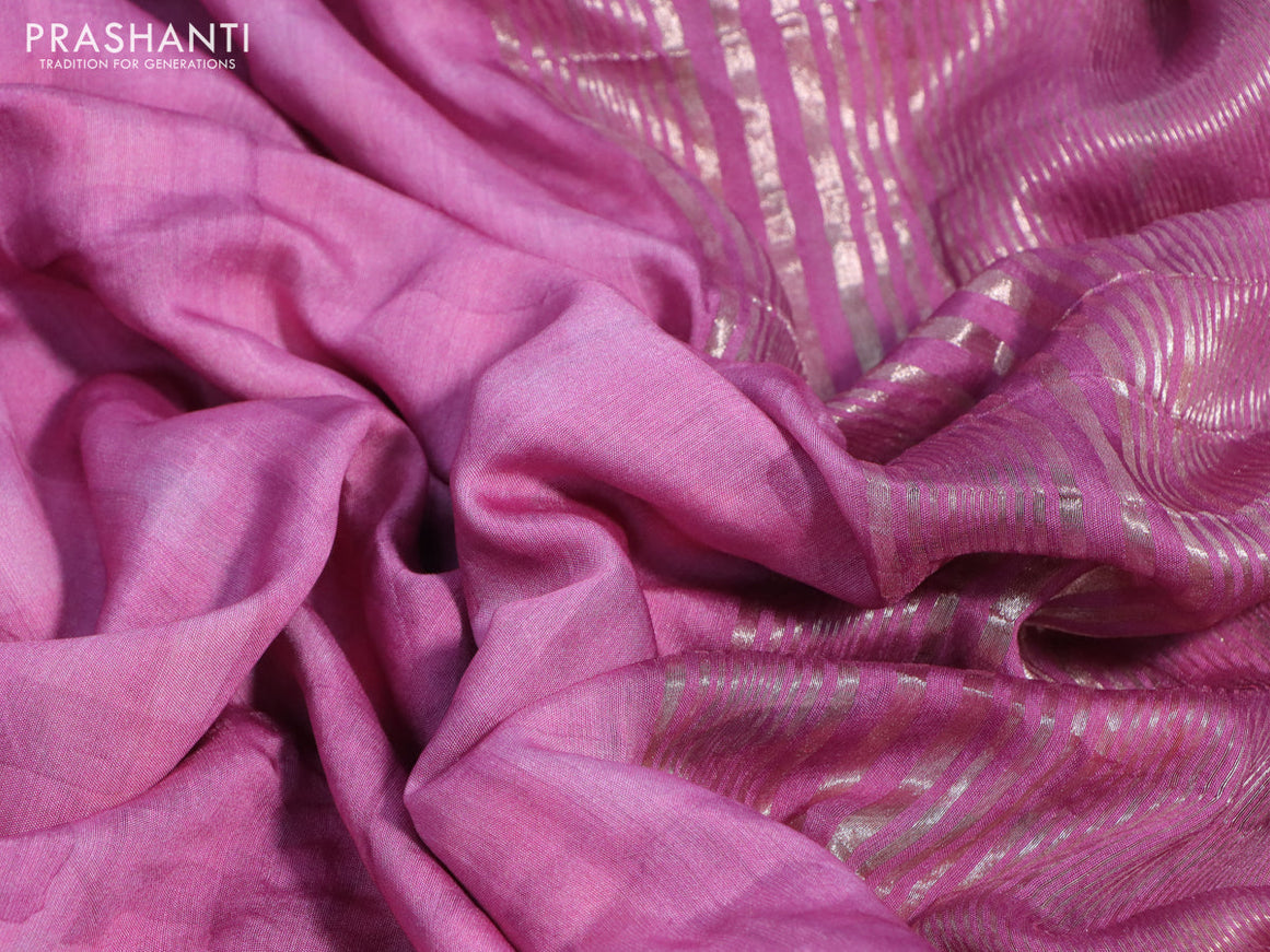 Muslin silk saree magenta pink and cream with allover prints and rettapet zari woven floral printed border