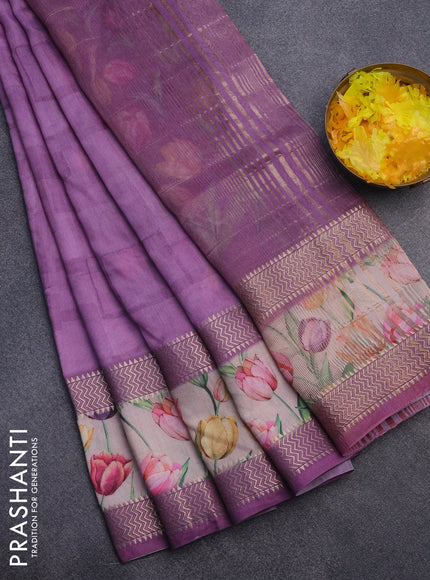 Muslin silk saree lavender shade and cream with allover prints and rettapet zari woven floral printed border