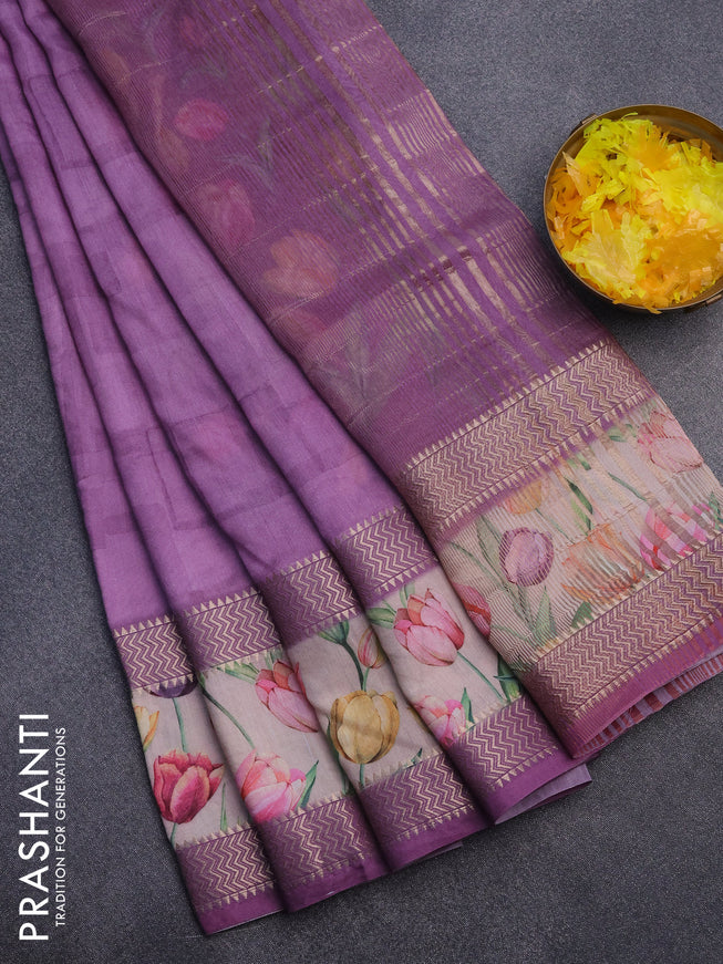 Muslin silk saree lavender shade and cream with allover prints and rettapet zari woven floral printed border