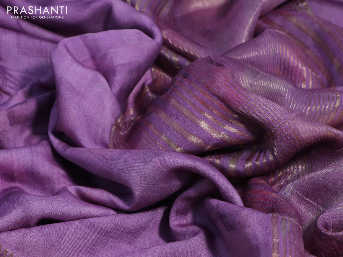 Muslin silk saree lavender shade and cream with allover prints and rettapet zari woven floral printed border