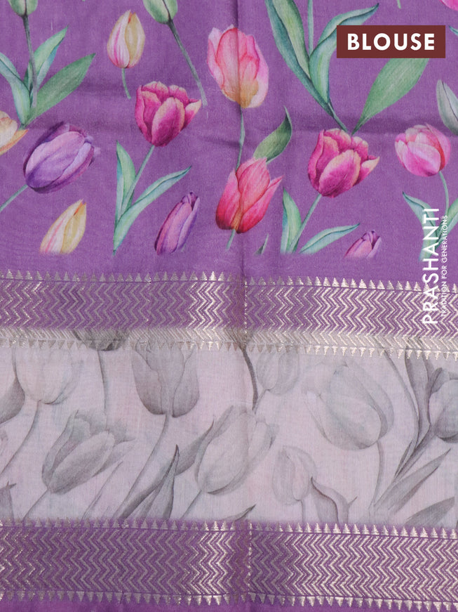 Muslin silk saree lavender shade and cream with allover prints and rettapet zari woven floral printed border