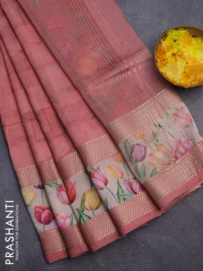 Muslin silk saree peach pink and cream with allover prints and rettapet zari woven floral printed border