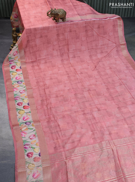 Muslin silk saree peach pink and cream with allover prints and rettapet zari woven floral printed border