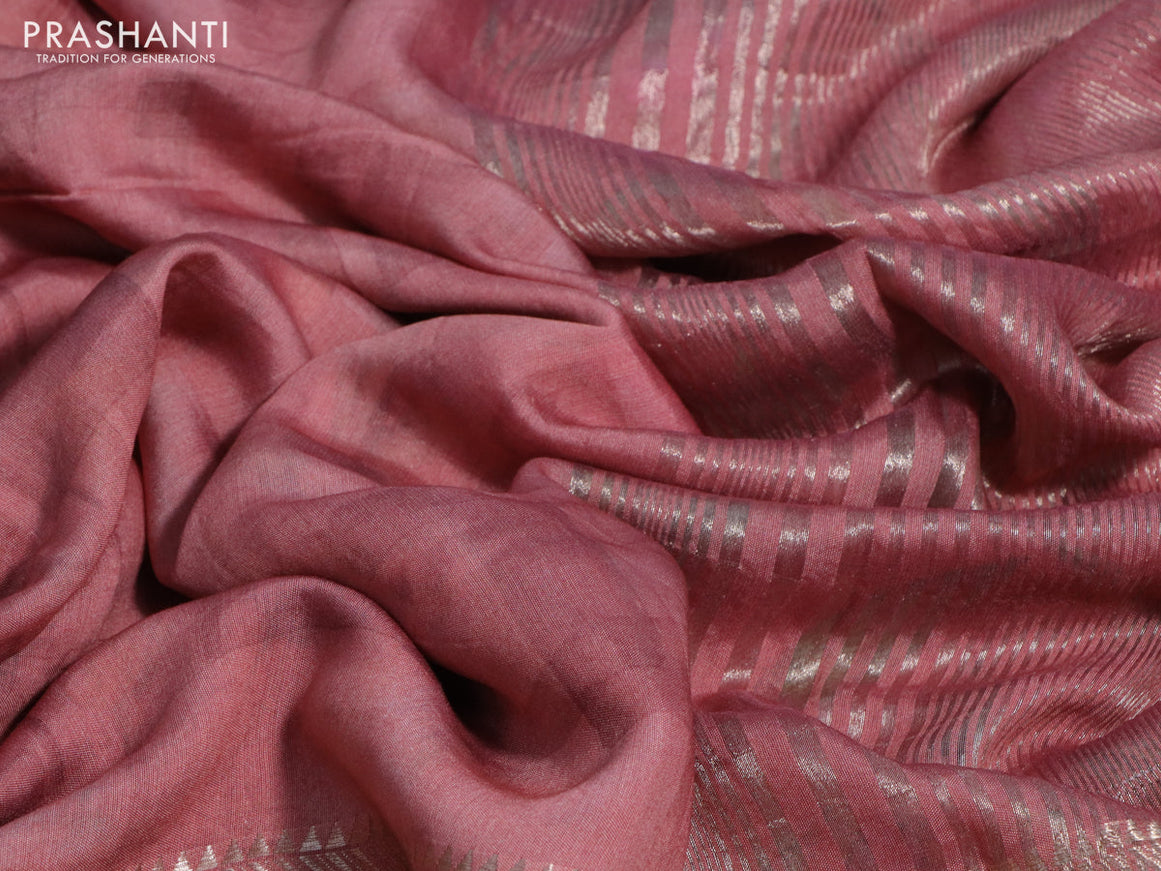 Muslin silk saree peach pink and cream with allover prints and rettapet zari woven floral printed border