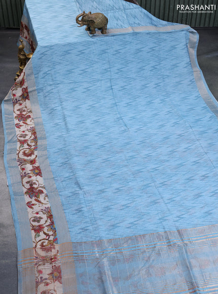 Muslin silk saree light blue shade and beige with allover ikat weaves and rettapet zari woven printed border