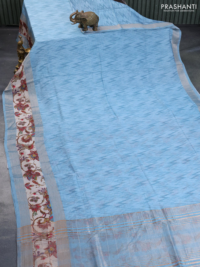 Muslin silk saree light blue shade and beige with allover ikat weaves and rettapet zari woven printed border