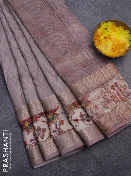 Muslin silk saree grey shade and beige with allover ikat weaves and rettapet zari woven printed border