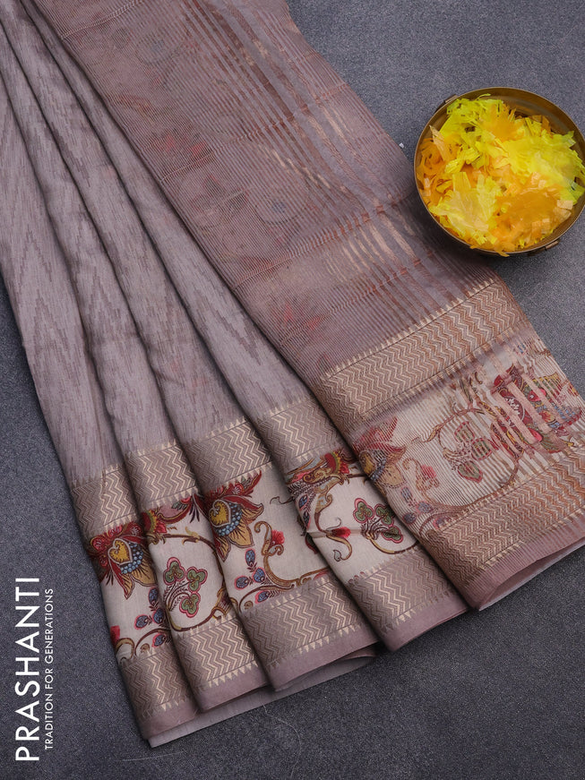 Muslin silk saree grey shade and beige with allover ikat weaves and rettapet zari woven printed border