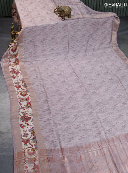 Muslin silk saree grey shade and beige with allover ikat weaves and rettapet zari woven printed border