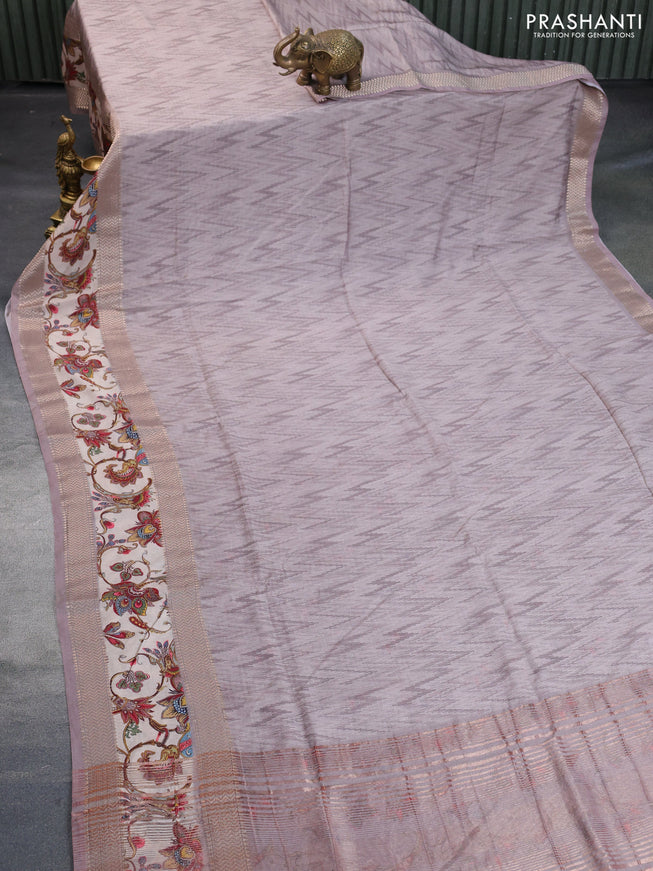 Muslin silk saree grey shade and beige with allover ikat weaves and rettapet zari woven printed border