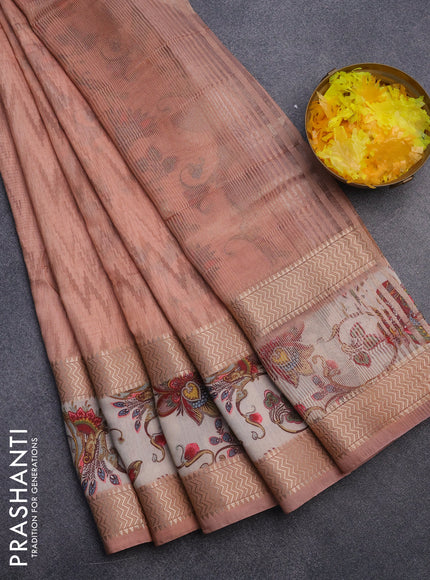 Muslin silk saree peach orange and beige with allover ikat weaves and rettapet zari woven printed border