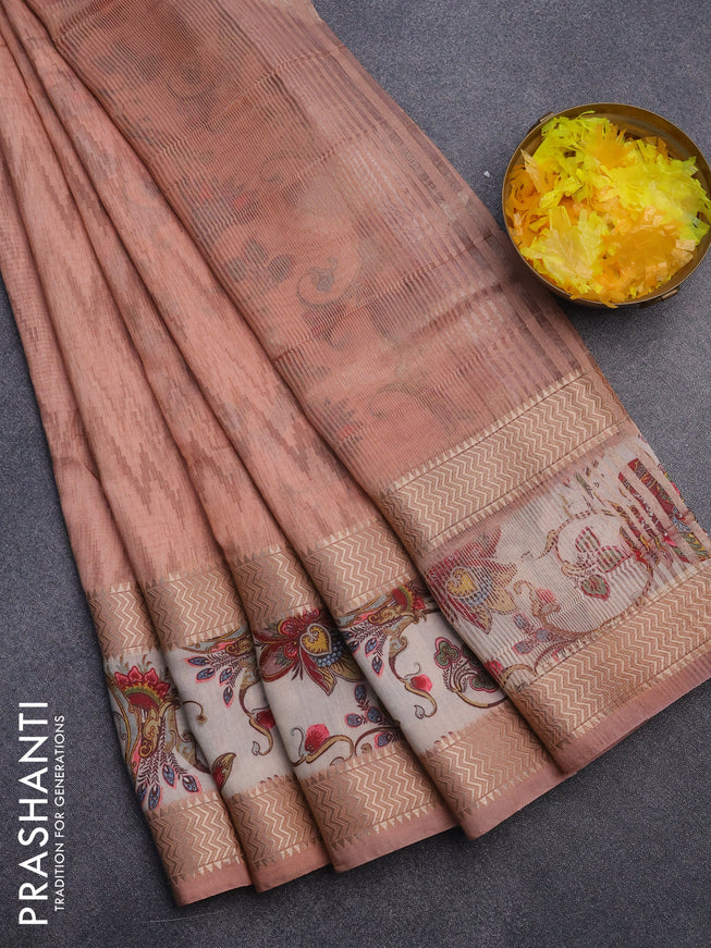 Muslin silk saree peach orange and beige with allover ikat weaves and rettapet zari woven printed border