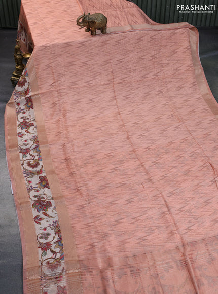 Muslin silk saree peach orange and beige with allover ikat weaves and rettapet zari woven printed border