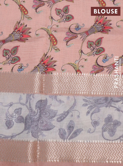 Muslin silk saree peach orange and beige with allover ikat weaves and rettapet zari woven printed border