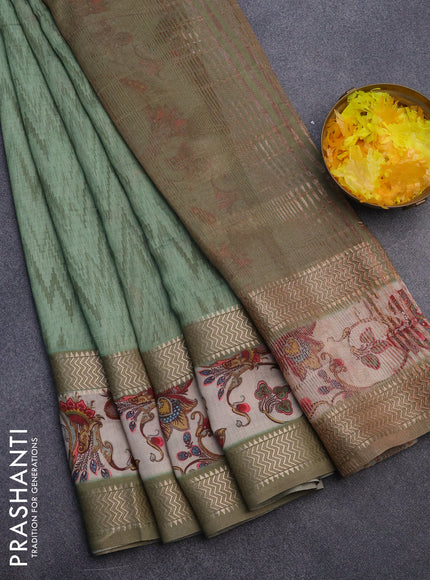 Muslin silk saree pastel green and beige with allover ikat weaves and rettapet zari woven printed border