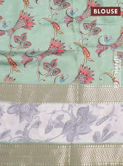 Muslin silk saree pastel green and beige with allover ikat weaves and rettapet zari woven printed border