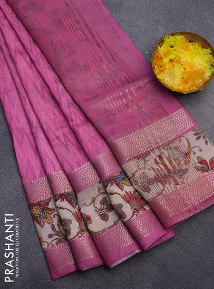 Muslin silk saree pink and beige with allover ikat weaves and rettapet zari woven printed border