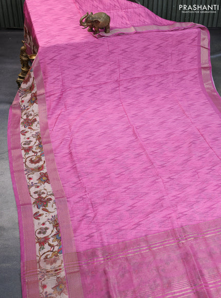 Muslin silk saree pink and beige with allover ikat weaves and rettapet zari woven printed border