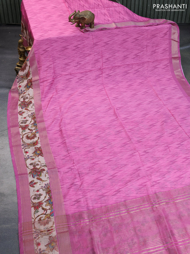 Muslin silk saree pink and beige with allover ikat weaves and rettapet zari woven printed border