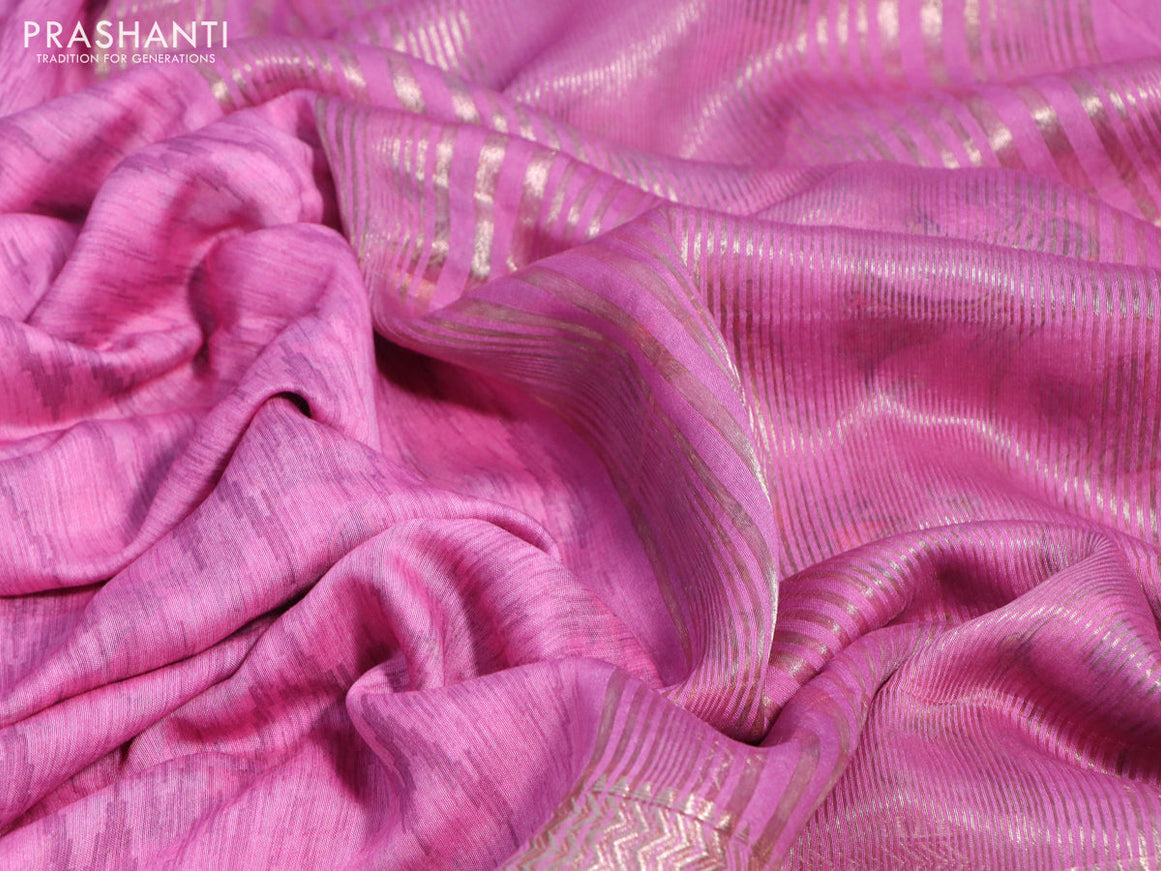 Muslin silk saree pink and beige with allover ikat weaves and rettapet zari woven printed border