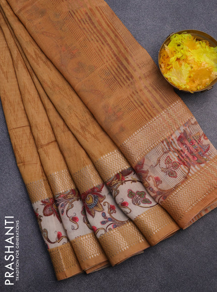 Muslin silk saree mustard yellow and beige with allover ikat weaves and rettapet zari woven printed border