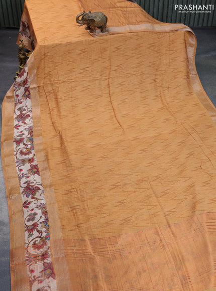 Muslin silk saree mustard yellow and beige with allover ikat weaves and rettapet zari woven printed border