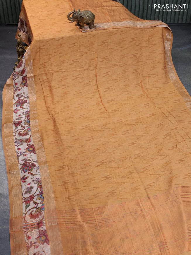 Muslin silk saree mustard yellow and beige with allover ikat weaves and rettapet zari woven printed border