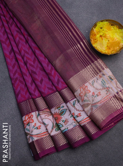 Muslin silk saree purple and off white with allover prints and rettapet zari woven printed border