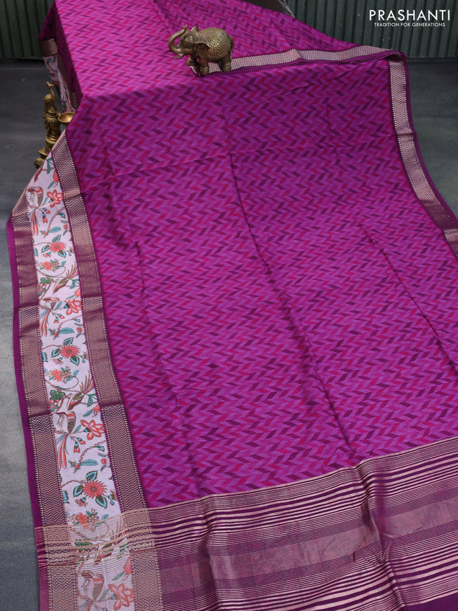 Muslin silk saree purple and off white with allover prints and rettapet zari woven printed border