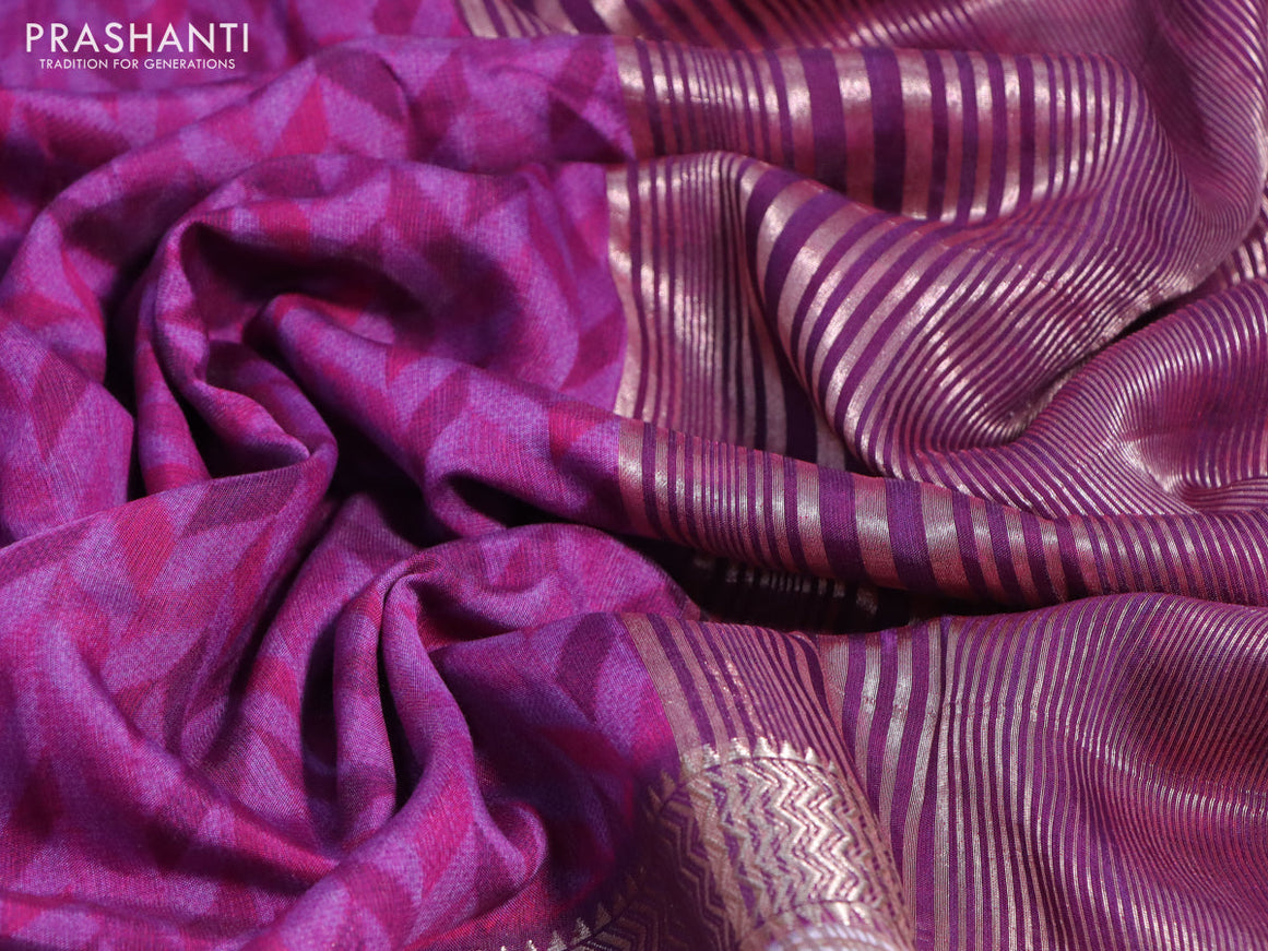 Muslin silk saree purple and off white with allover prints and rettapet zari woven printed border