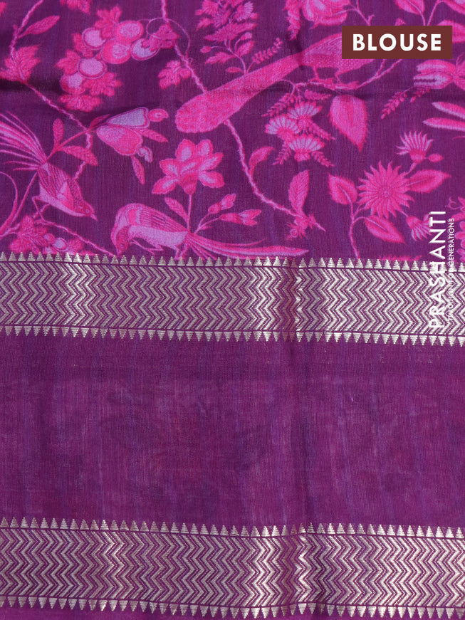 Muslin silk saree purple and off white with allover prints and rettapet zari woven printed border