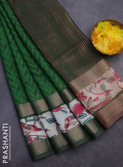 Muslin silk saree green and off white with allover prints and rettapet zari woven printed border