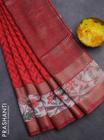 Muslin silk saree red and off white with allover prints and rettapet zari woven printed border