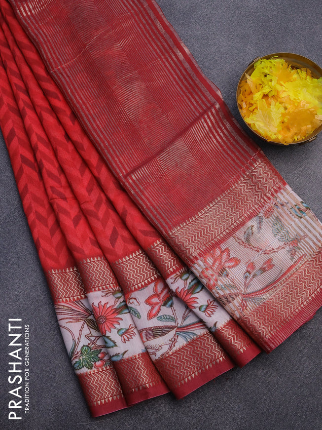 Muslin silk saree red and off white with allover prints and rettapet zari woven printed border