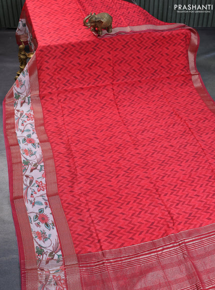 Muslin silk saree red and off white with allover prints and rettapet zari woven printed border