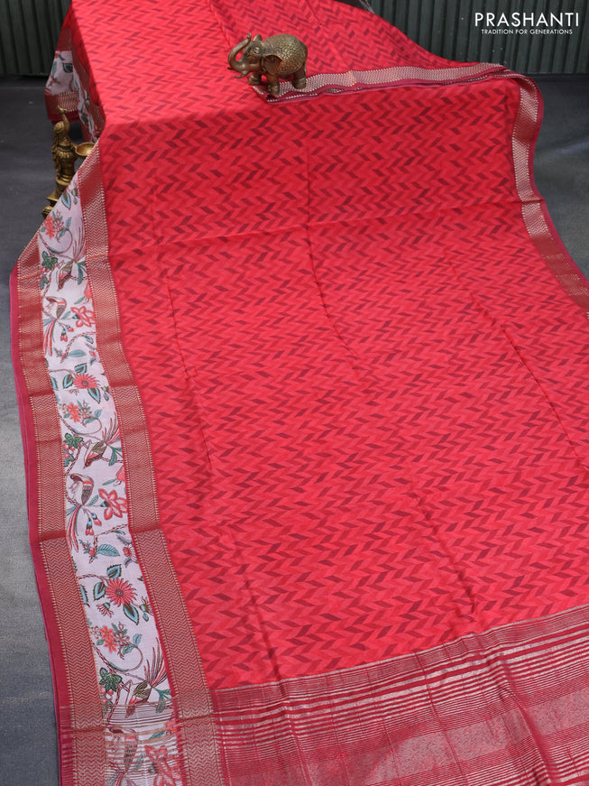 Muslin silk saree red and off white with allover prints and rettapet zari woven printed border