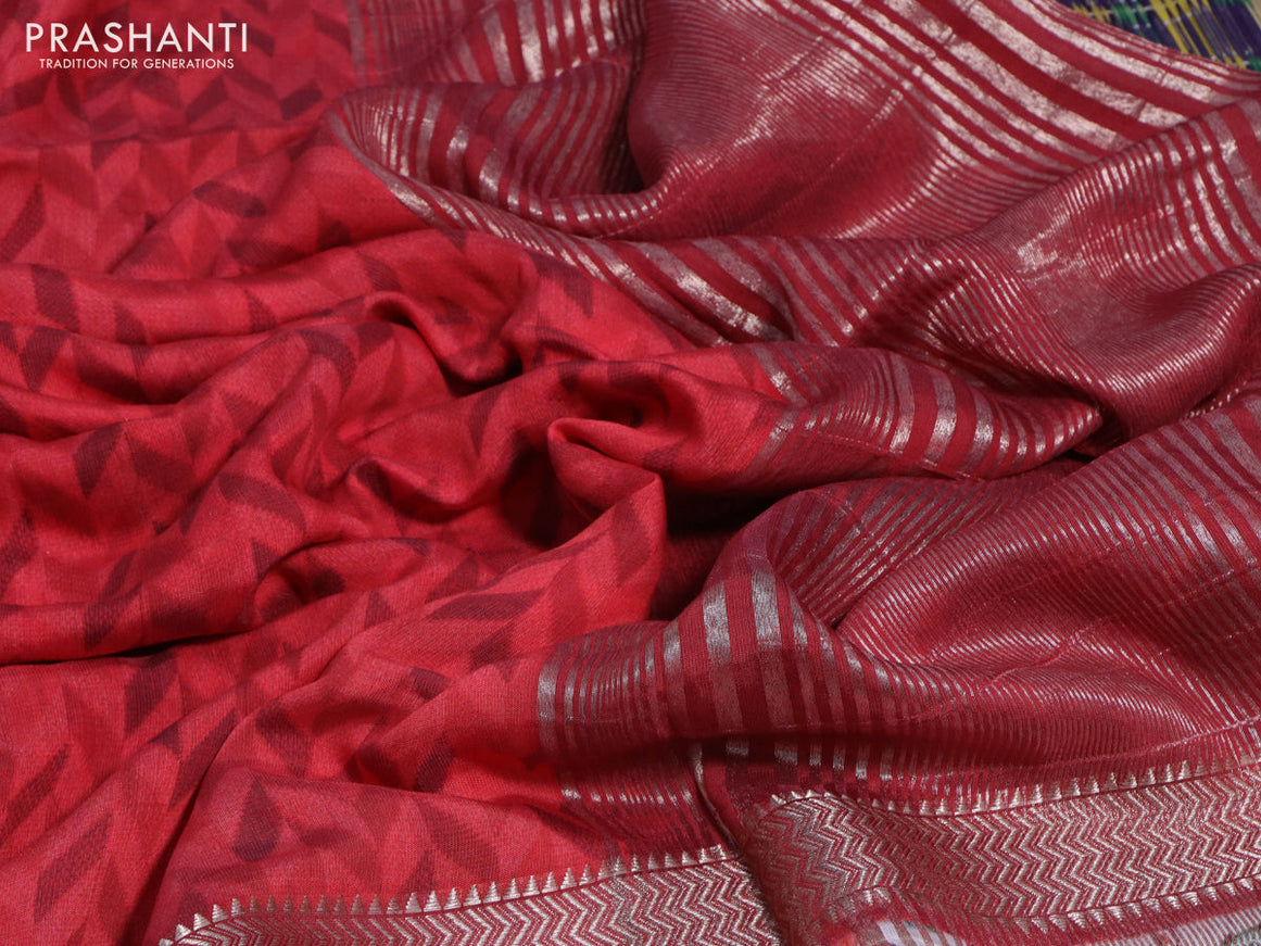 Muslin silk saree red and off white with allover prints and rettapet zari woven printed border