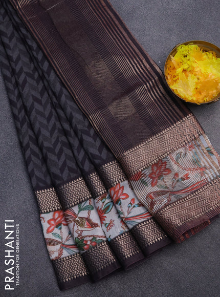 Muslin silk saree black and grey with allover prints and rettapet zari woven printed border