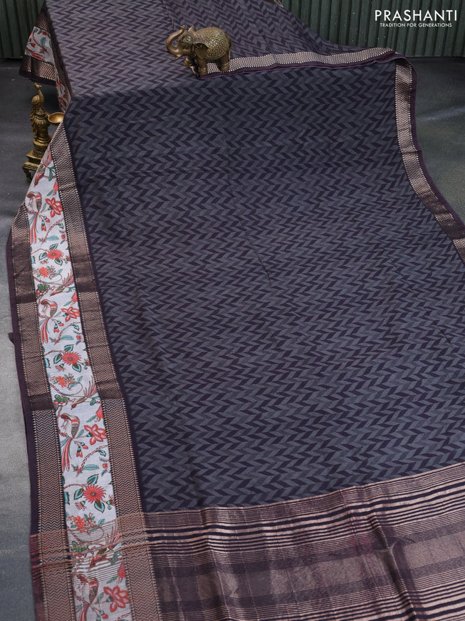 Muslin silk saree black and grey with allover prints and rettapet zari woven printed border