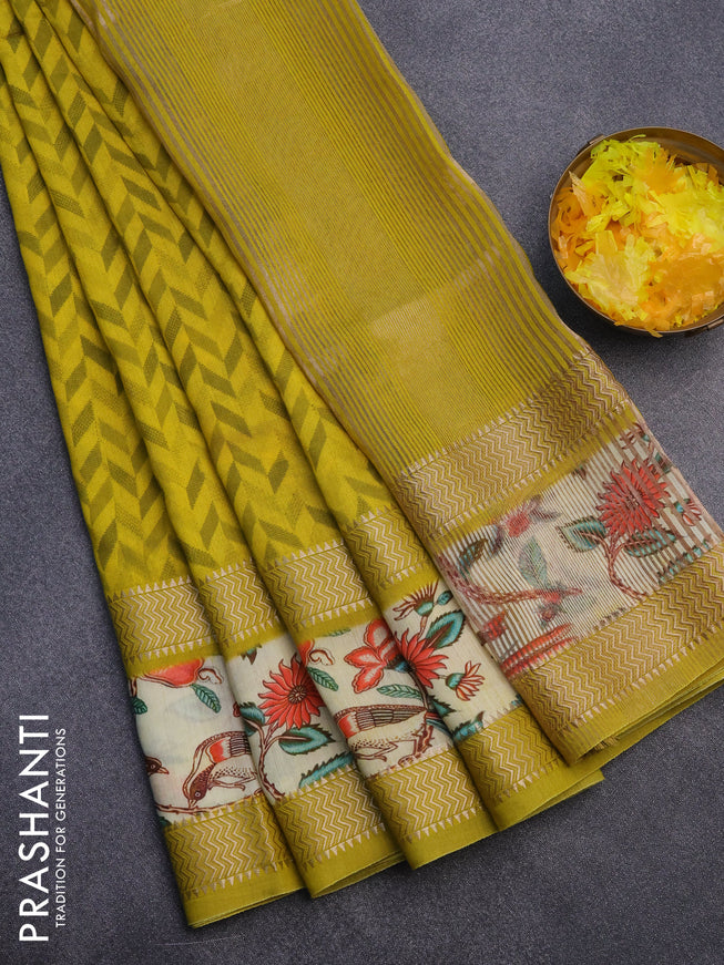 Muslin silk saree yellow and pale yellow with allover prints and rettapet zari woven printed border