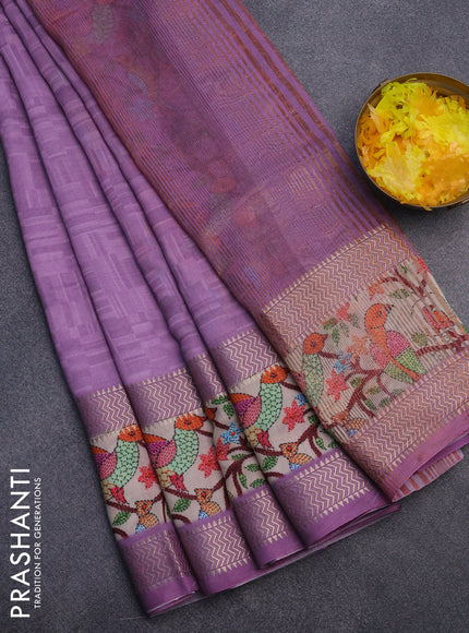 Muslin silk saree lavender shade and cream with allover prints and rettapet zari woven printed border