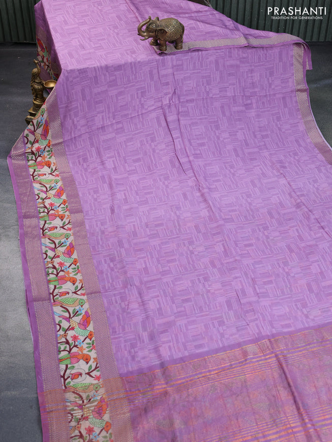 Muslin silk saree lavender shade and cream with allover prints and rettapet zari woven printed border